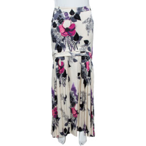 Roberto Cavalli Cream Floral Print Silk Satin Maxi Skirt S