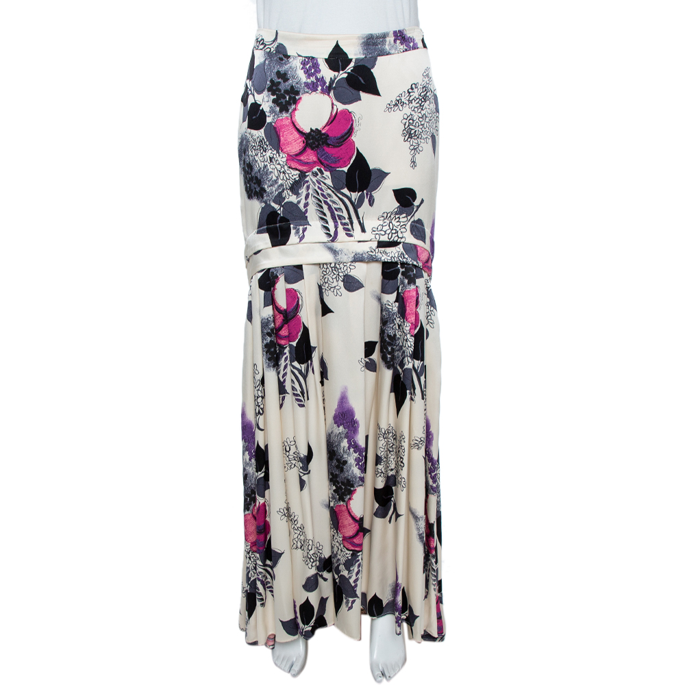luxury-women-roberto-cavalli-used-clothes-p360387-008 Roberto Cavalli Cream Floral Print Silk Satin Maxi Skirt S