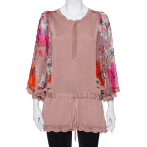 Roberto Cavalli Blush Pink Wool Floral Print Sleeve Detail Drop Waist Tunic S