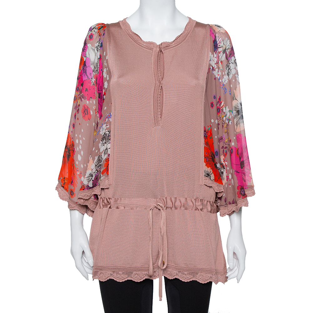 Roberto Cavalli Blush Pink Wool Floral Print Sleeve Detail Drop Waist Tunic S