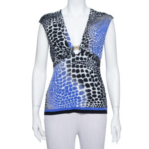 Roberto Cavalli Blue & Black Knit Animal Print Plunge Neck Top M