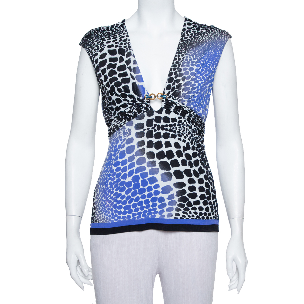 Roberto Cavalli Blue & Black Knit Animal Print Plunge Neck Top M