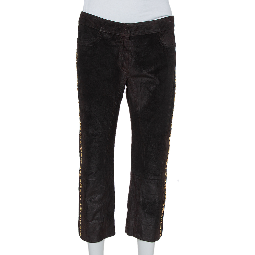 luxury-women-roberto-cavalli-used-clothes-p396566-009 Roberto Cavalli Brown Leather Vintage Cropped Trousers M