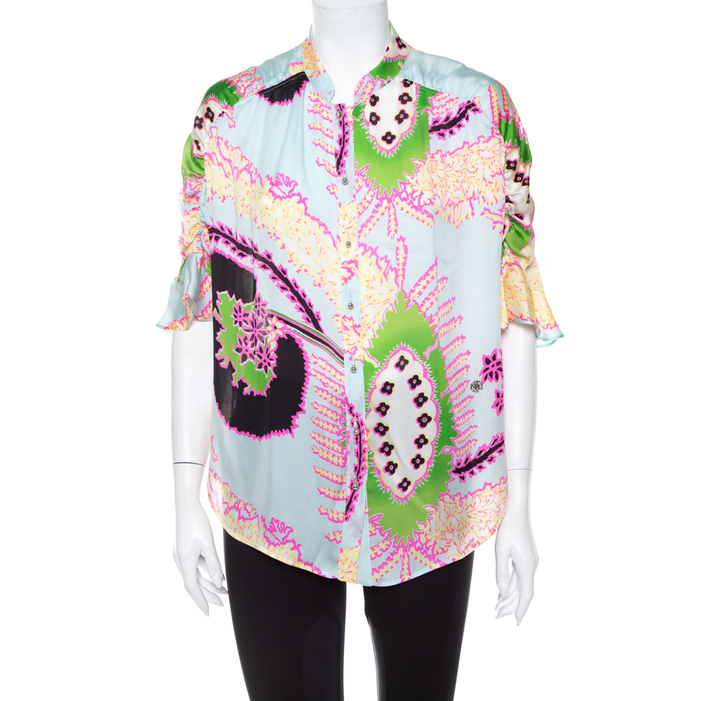luxury-women-roberto-cavalli-used-clothes-p412649-003 Roberto Cavalli Multicolor Abstract Printed Silk Ruffle Sleeve Blouse L