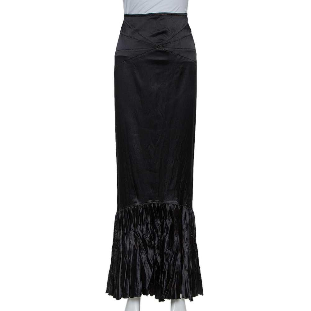 luxury-women-roberto-cavalli-used-clothes-p416993-006 Roberto Cavalli Black Satin Ruffle Hem Detail Maxi Skirt M