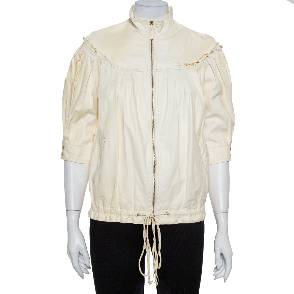 luxury-women-roberto-cavalli-used-clothes-p418877-001 Roberto Cavalli Cream Leather Pleated Detail Zipper Front Jacket S