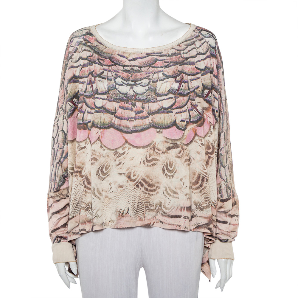 luxury-women-roberto-cavalli-used-clothes-p436830-001 Roberto Cavalli Beige Printed Silk Knit Oversized Sweatshirt M
