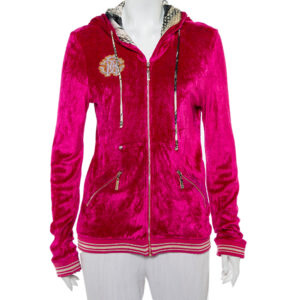 Roberto Cavalli Pink Velour Hooded Zip Front Jacket L
