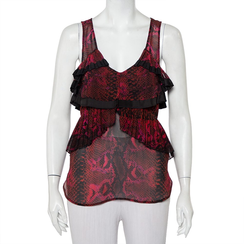 luxury-women-roberto-cavalli-used-clothes-p444255-002 Roberto Cavalli Multicolor Snakeskin Printed Silk Pleated Detail Sleeveless Top S