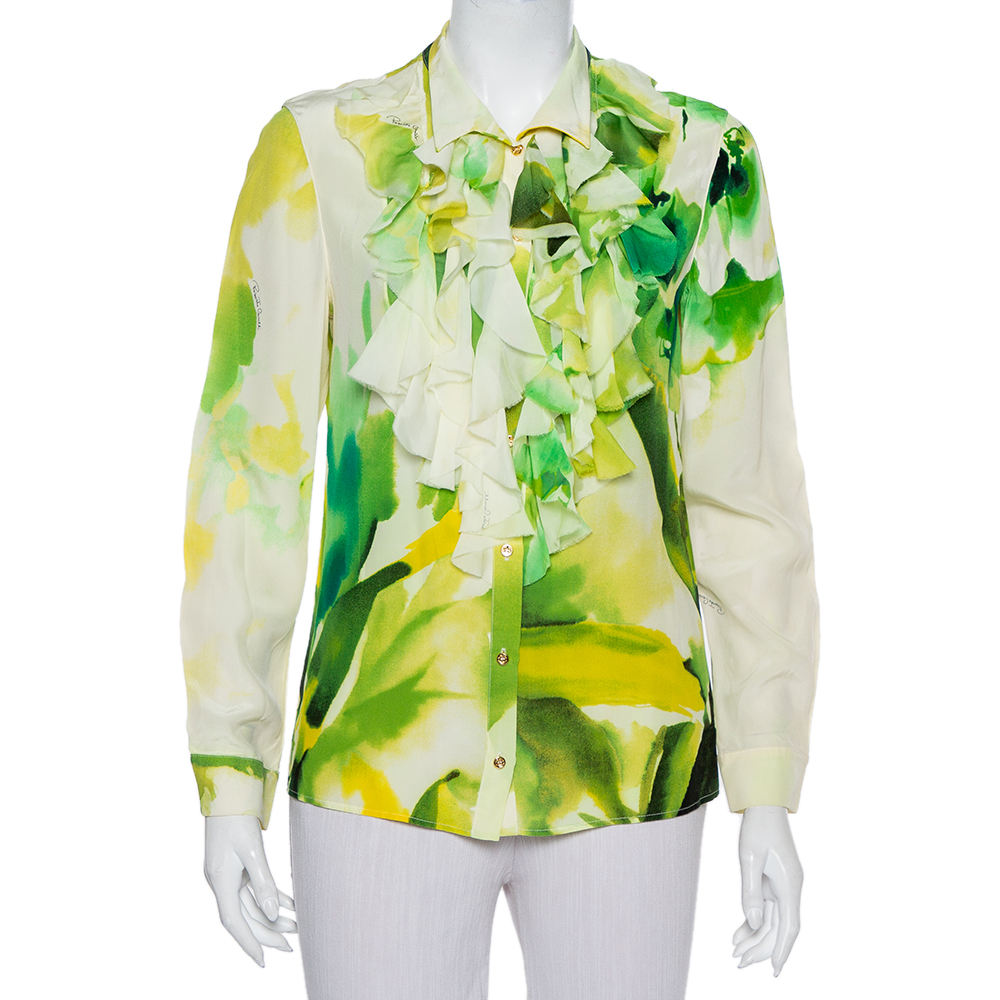 luxury-women-roberto-cavalli-used-clothes-p458521-006 Roberto Cavalli Green Printed Silk Ruffled Detail Button Front Shirt M