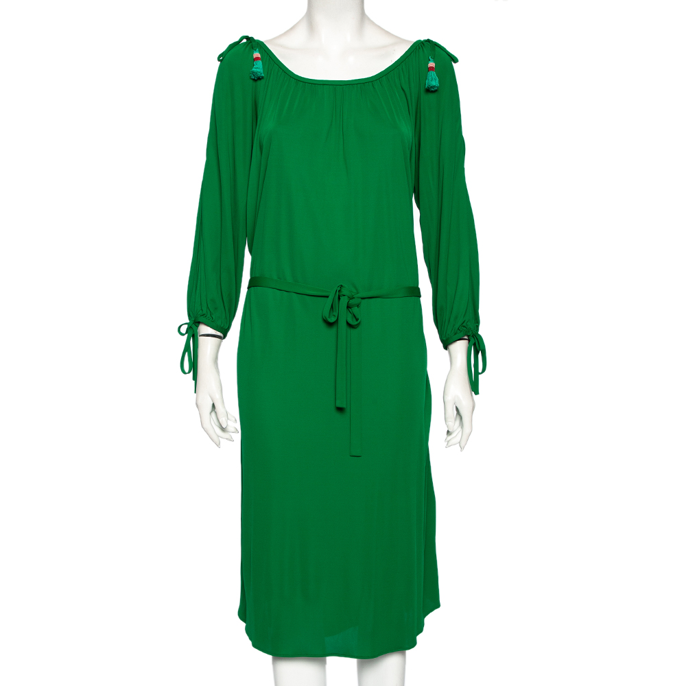 luxury-women-roberto-cavalli-used-clothes-p507933-006-1 Roberto Cavalli Green Jersey Cold Shoulder Tassel Tie Detailed Belted Dress M