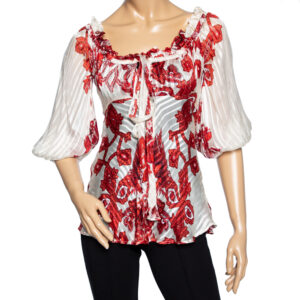 Roberto Cavalli Ivory & Red Printed Silk Neck Tie Detail Blouse S