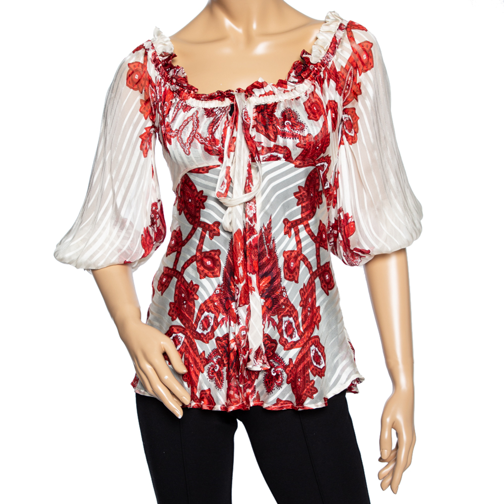 luxury-women-roberto-cavalli-used-clothes-p578242-002 Roberto Cavalli Ivory & Red Printed Silk Neck Tie Detail Blouse S
