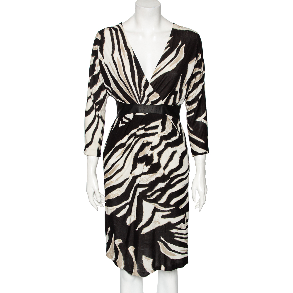 luxury-women-roberto-cavalli-used-clothes-p582836-002-1 Roberto Cavalli Monochrome Printed Jersey & Leather Detailed Draped Dress S