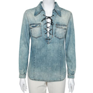 Roberto Cavalli Blue Denim Lace-Up Detail Long Sleeve Shirt S