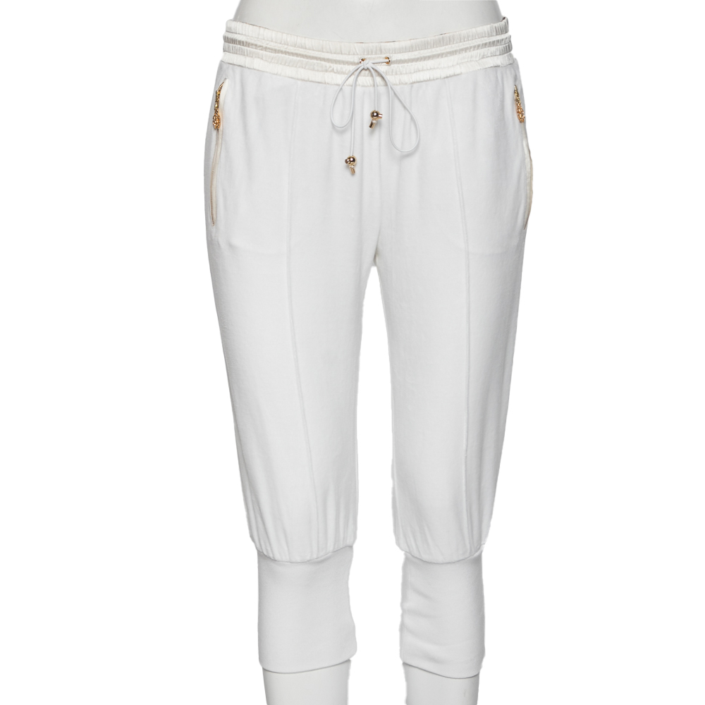 luxury-women-roberto-cavalli-used-clothes-p596551-001-2 Roberto Cavalli White Cotton Rib Knit Detailed Cropped Joggers M
