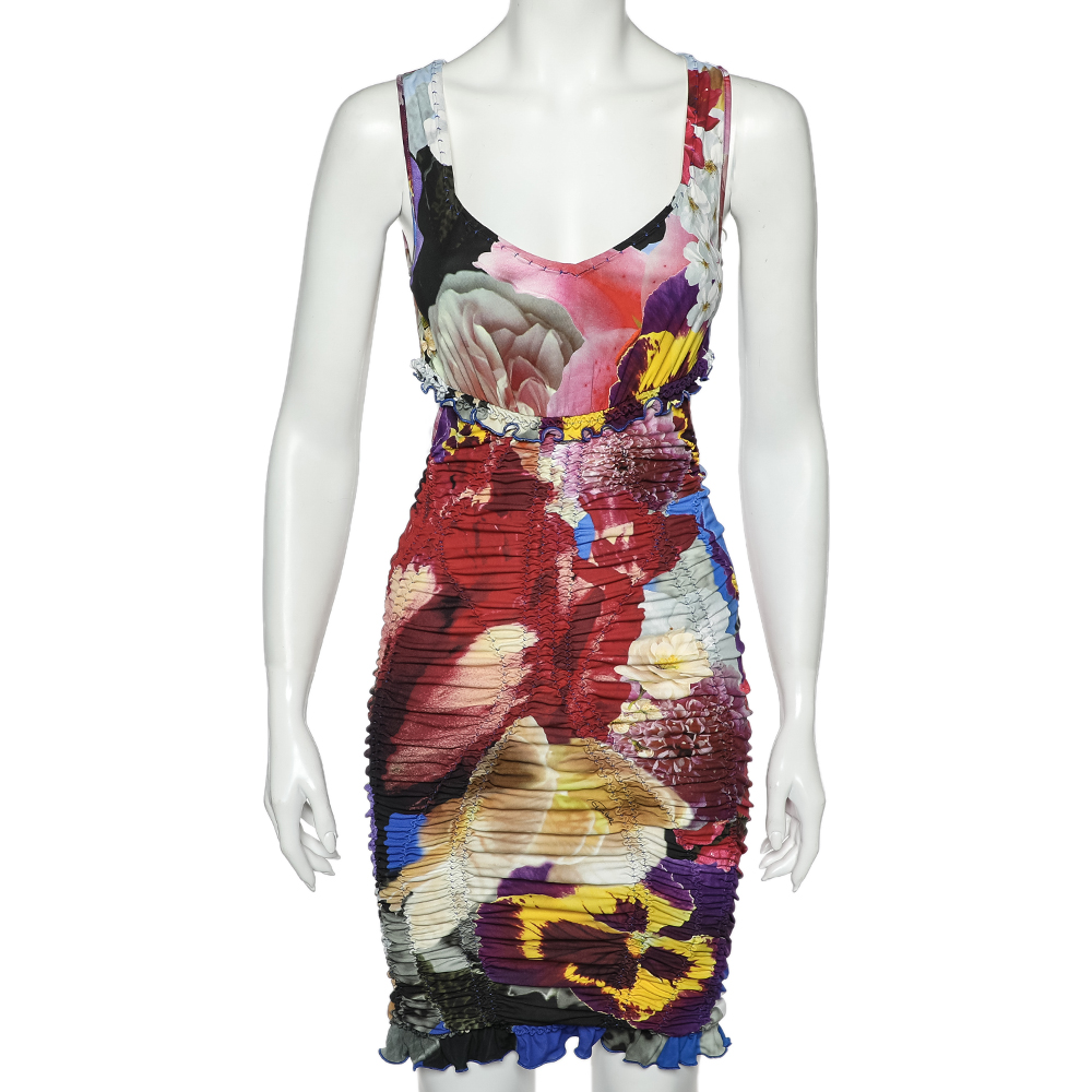 luxury-women-roberto-cavalli-used-clothes-p596722-003-2 Roberto Cavalli Multicolor Printed Jersey Ruched Cut Out Detail Mini Dress S