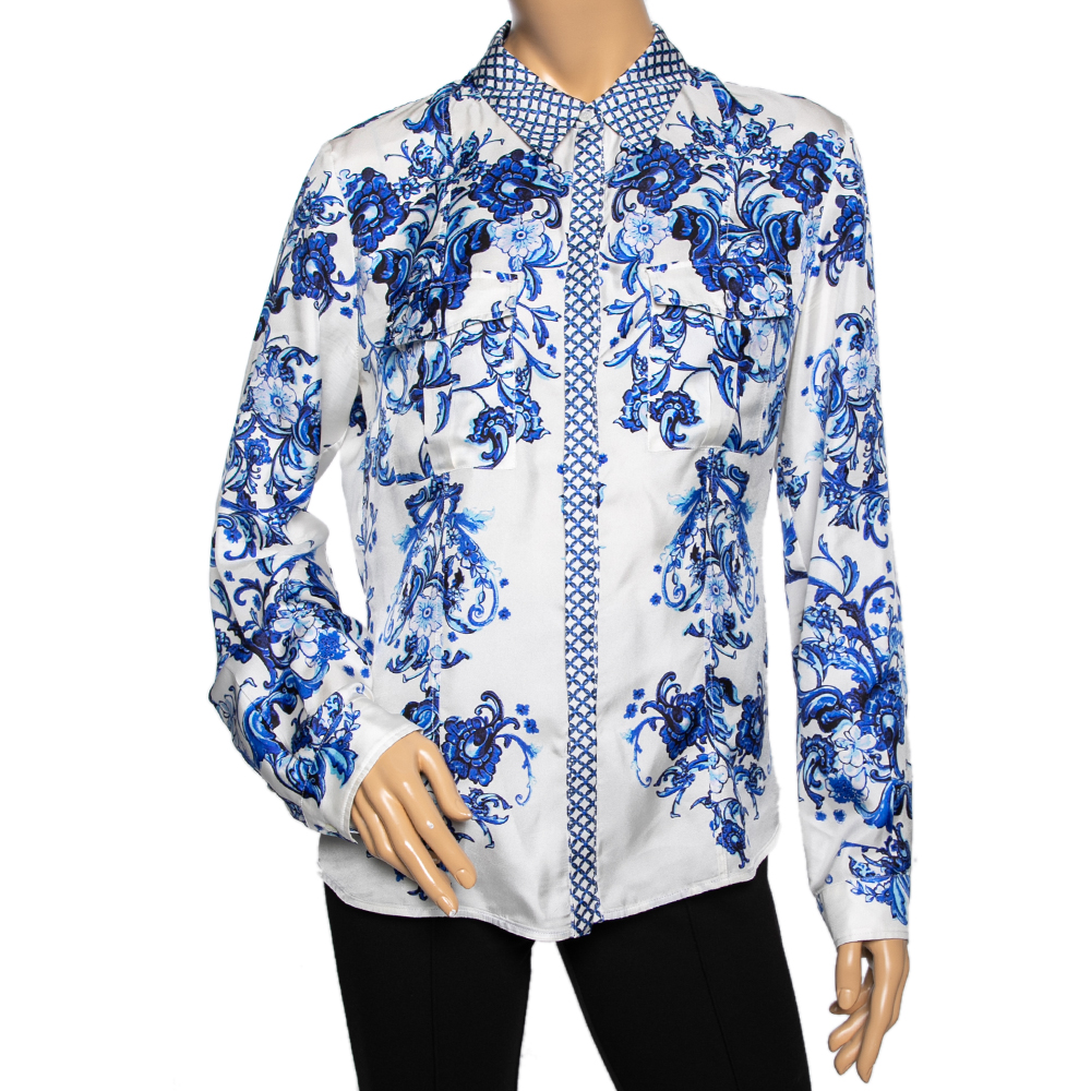 luxury-women-roberto-cavalli-used-clothes-p596864-004 Roberto Cavalli White & Blue Floral Print Long Sleeve Shirt L