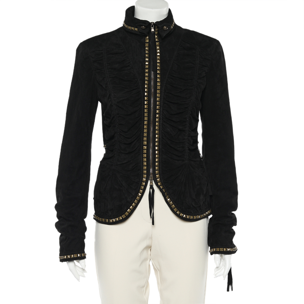 luxury-women-roberto-cavalli-used-clothes-p613262-003 Roberto Cavalli Black Studded Suede Zip Front Ruched Jacket M