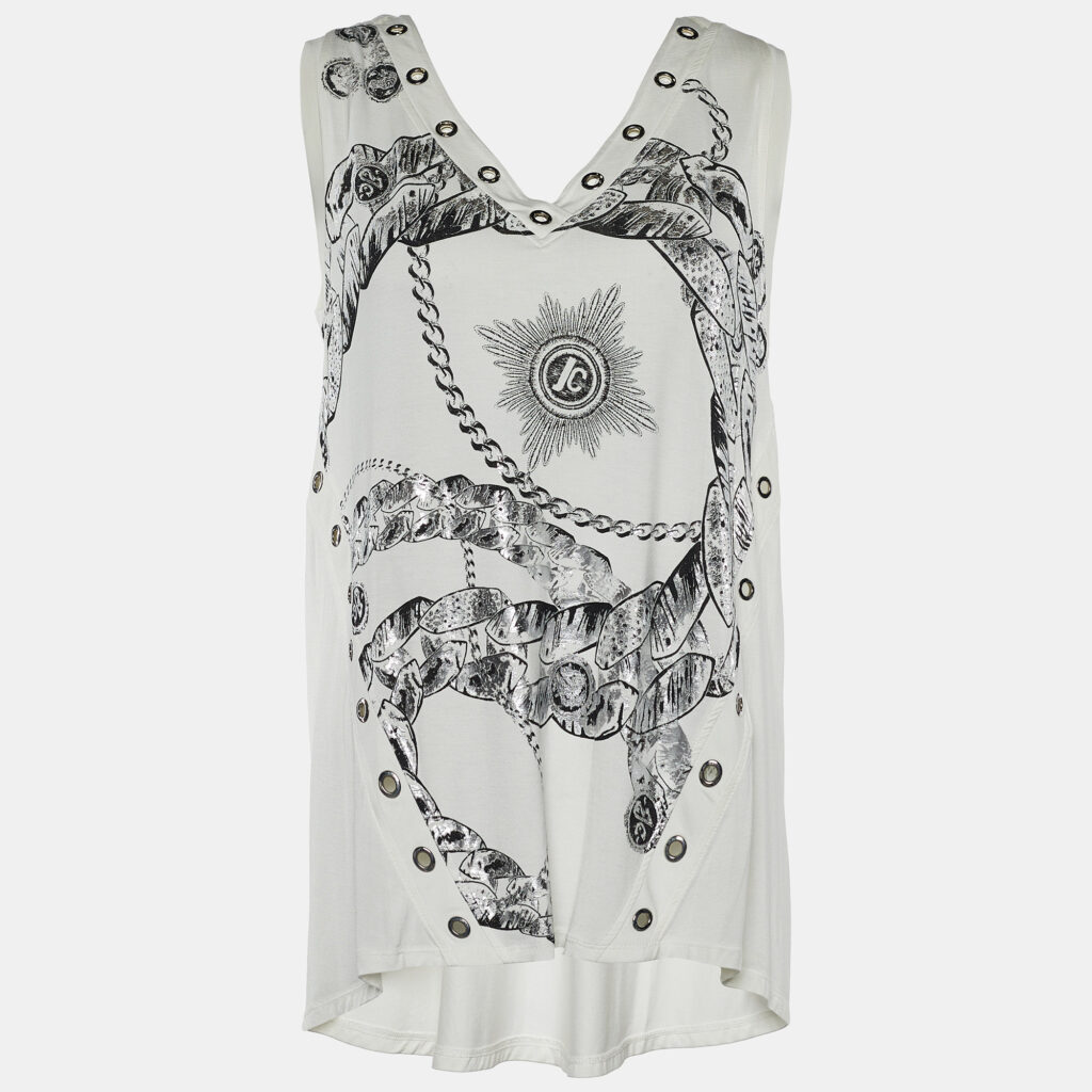 luxury-women-roberto-cavalli-used-clothes-p666977-002-1 Roberto Cavalli White Printed Jersey Eyelet Top S