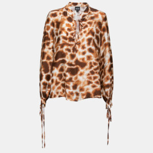 Roberto Cavalli Brown Printed Crepe De Chine Tie Detail Blouse S