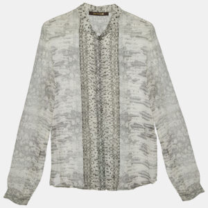 Roberto Cavalli Light Grey Snakeskin Printed Silk Button Front Shirt S
