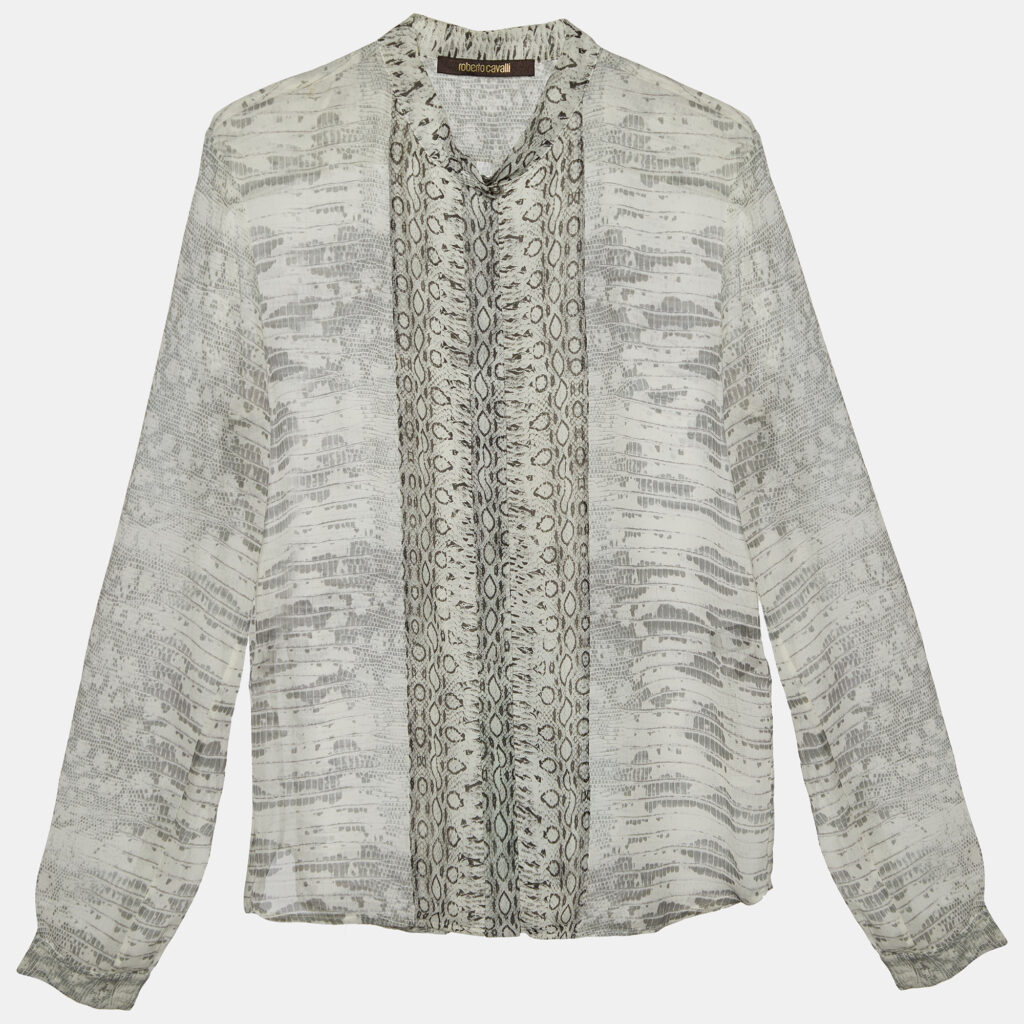 Roberto Cavalli Light Grey Snakeskin Printed Silk Button Front Shirt S