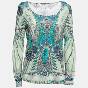 Roberto Cavalli Multicolor Printed Jersey Lace Trimmed Top M