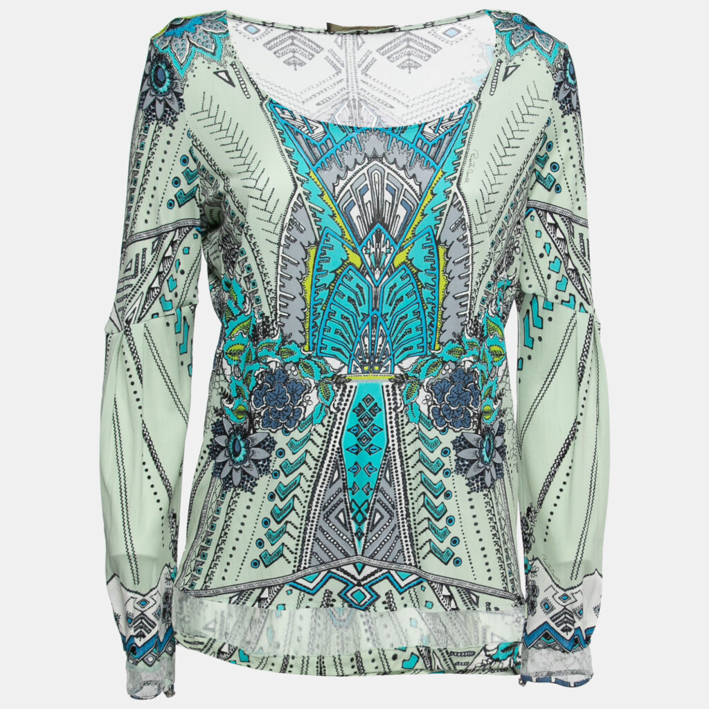 luxury-women-roberto-cavalli-used-clothes-p734268-001 Roberto Cavalli Multicolor Printed Jersey Lace Trimmed Top M