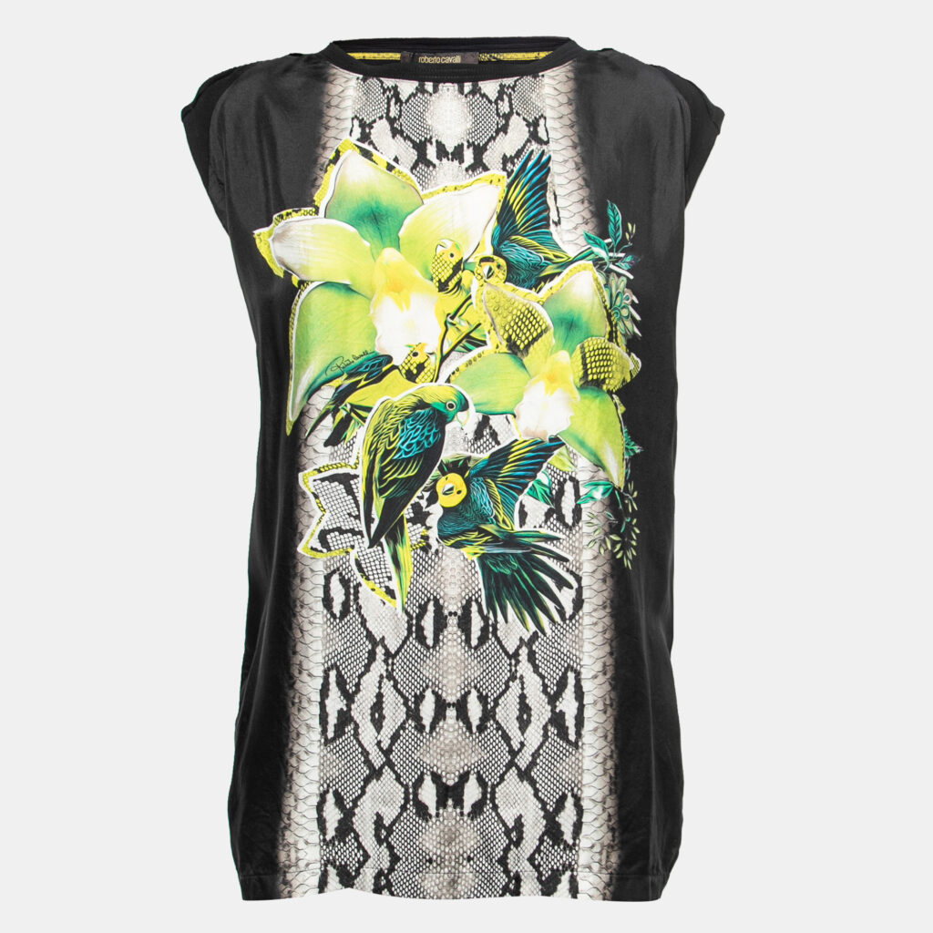 luxury-women-roberto-cavalli-used-clothes-p765176-002 Roberto Cavalli Black Jersey Parrot Printed Top M