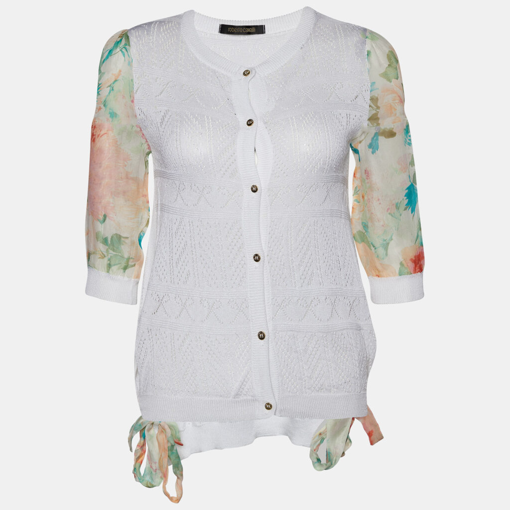 luxury-women-roberto-cavalli-used-clothes-p803015-002 Roberto Cavalli White Perforated Knit & Printed Silk Sleeve Cardigan S
