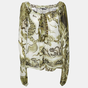Roberto Cavalli Green Printed Silk Tie Detail Top M