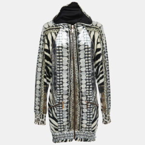 Roberto Cavalli Black/White Printed Velvet Zip Front Hooded Jacket M