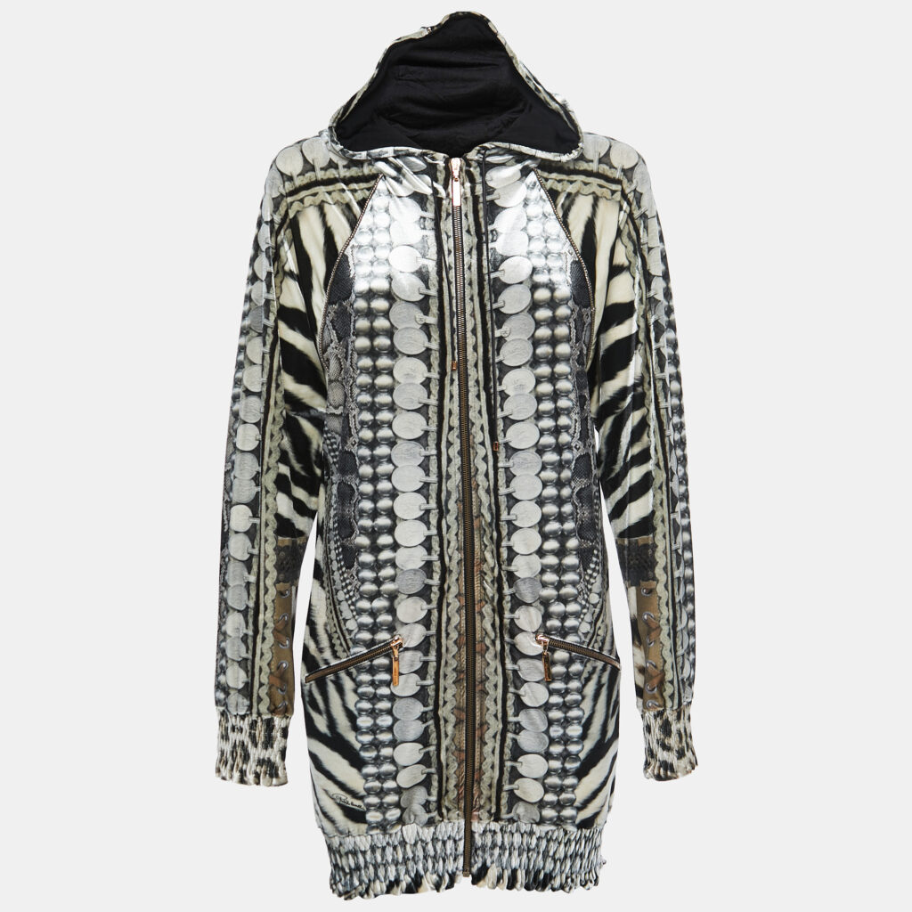 luxury-women-roberto-cavalli-used-clothes-p828797-005 Roberto Cavalli Black/White Printed Velvet Zip Front Hooded Jacket M