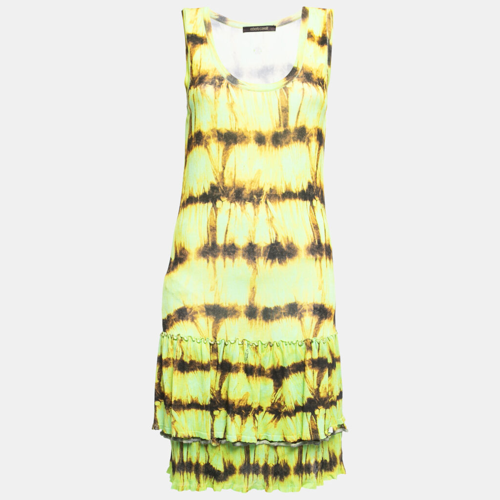 luxury-women-roberto-cavalli-used-clothes-p842456-001 Roberto Cavalli Neon Green/Yellow Abstract Print Jersey Frilled Sleeveless Short Dress S