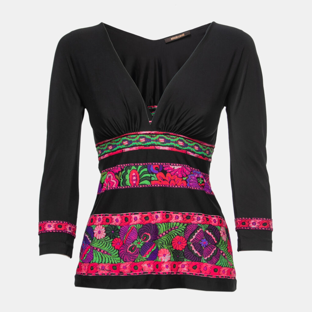 luxury-women-roberto-cavalli-used-clothes-p850710-002 Roberto Cavalli Black Floral Printed Jersey V-Neck Top S