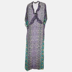 Roberto Cavalli Multicolor Printed Silk Ruffle Detail Maxi Dress S
