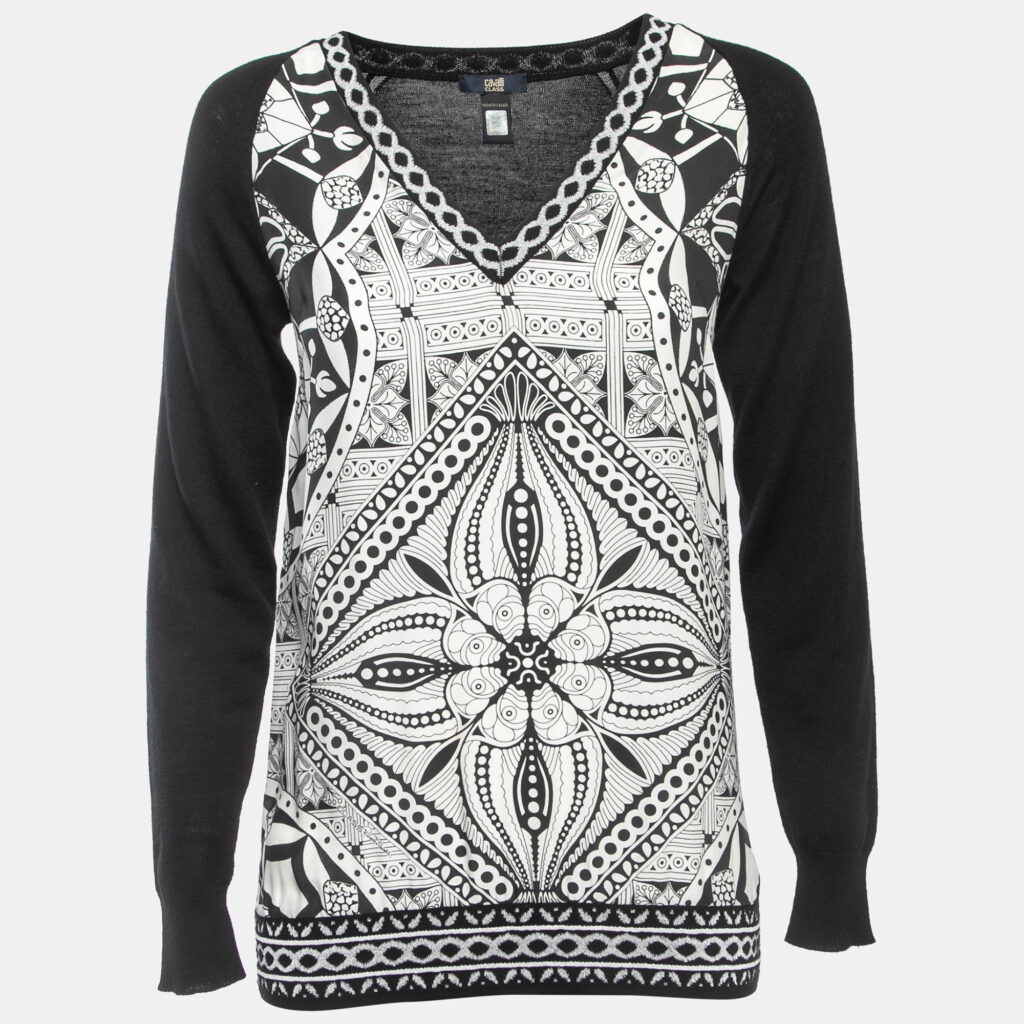 luxury-women-roberto-cavalli-used-clothes-p864520-005 Class by Roberto Cavalli Black Wool & Printed Silk V-Neck Sweater S