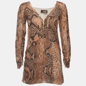 Roberto Cavalli Brown Snake Print Silk Long Sleeve Flared Mini Dress M