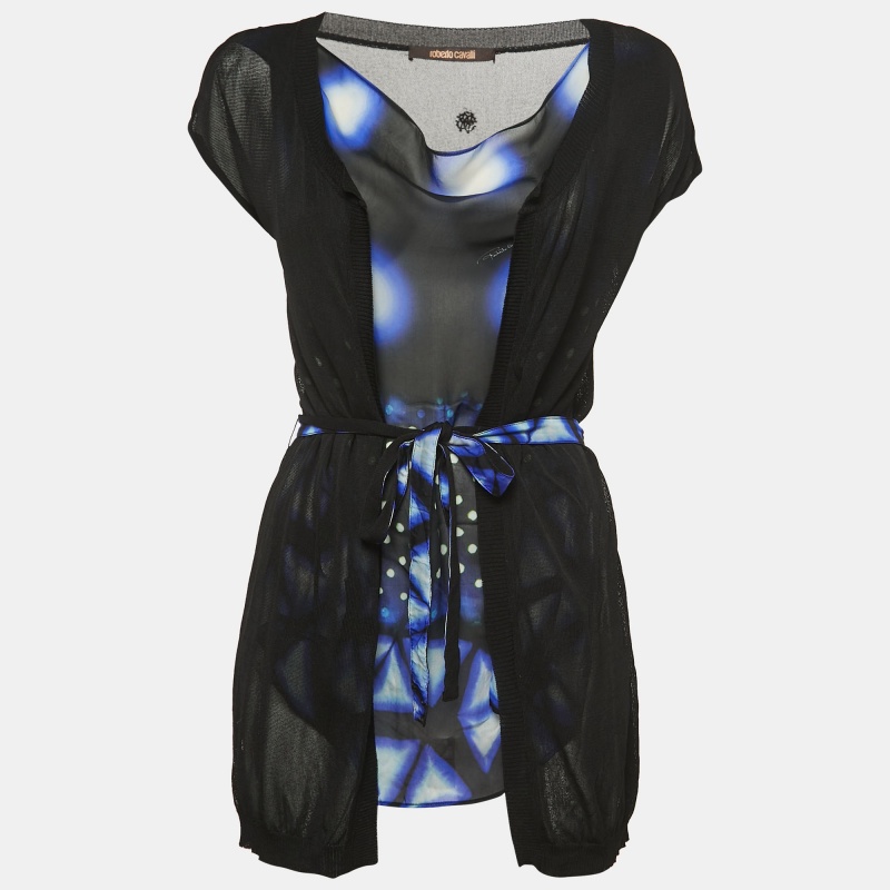 luxury-women-roberto-cavalli-used-clothes-p885561-1698641582-005 Roberto Cavalli Black/Blue Print Silk & Knit Sleeveless Belted Top S