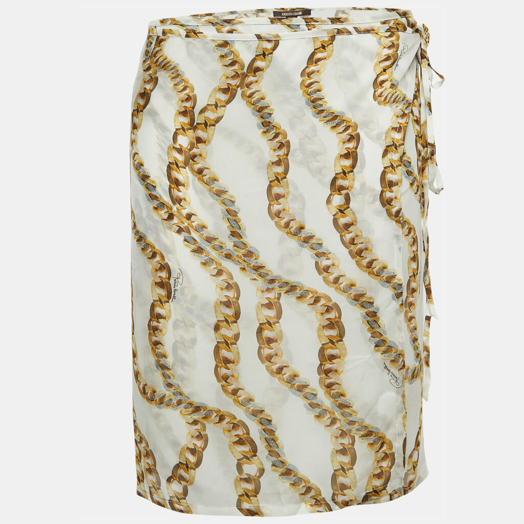 luxury-women-roberto-cavalli-used-clothes-p891488-003 Roberto Cavalli Cream Chain Print Silk Wrap Mini Skirt M