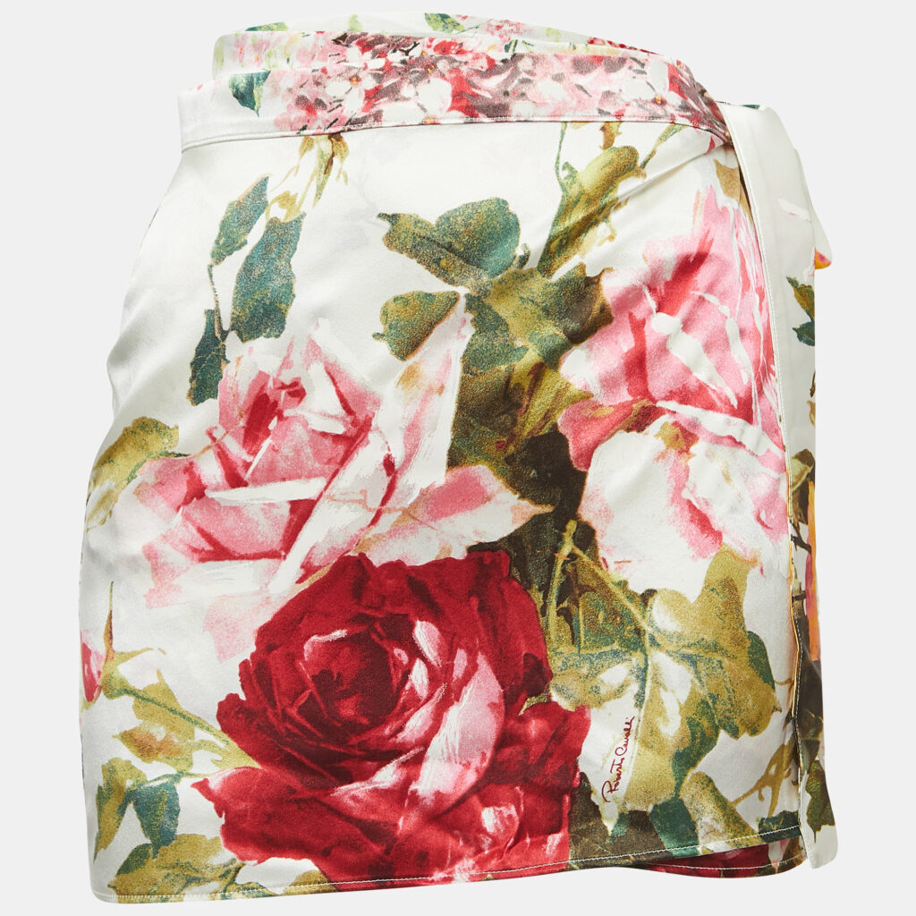 luxury-women-roberto-cavalli-used-clothes-p891490-003 Roberto Cavalli White Floral Print Satin Mini Wrap Skirt M