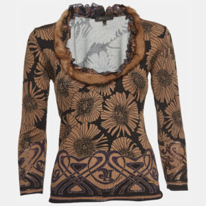 Roberto Cavalli Brown Floral Print Knit Mink Fur Trimmed Top M