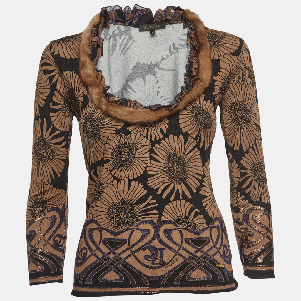 luxury-women-roberto-cavalli-used-clothes-p925834-002 Roberto Cavalli Brown Floral Print Knit Mink Fur Trimmed Top M