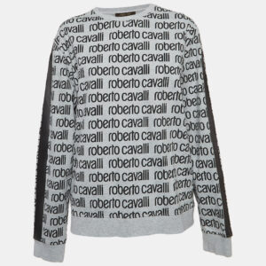 Roberto Cavalli Grey Logo Print Cotton Crew Neck Sweatshirt L