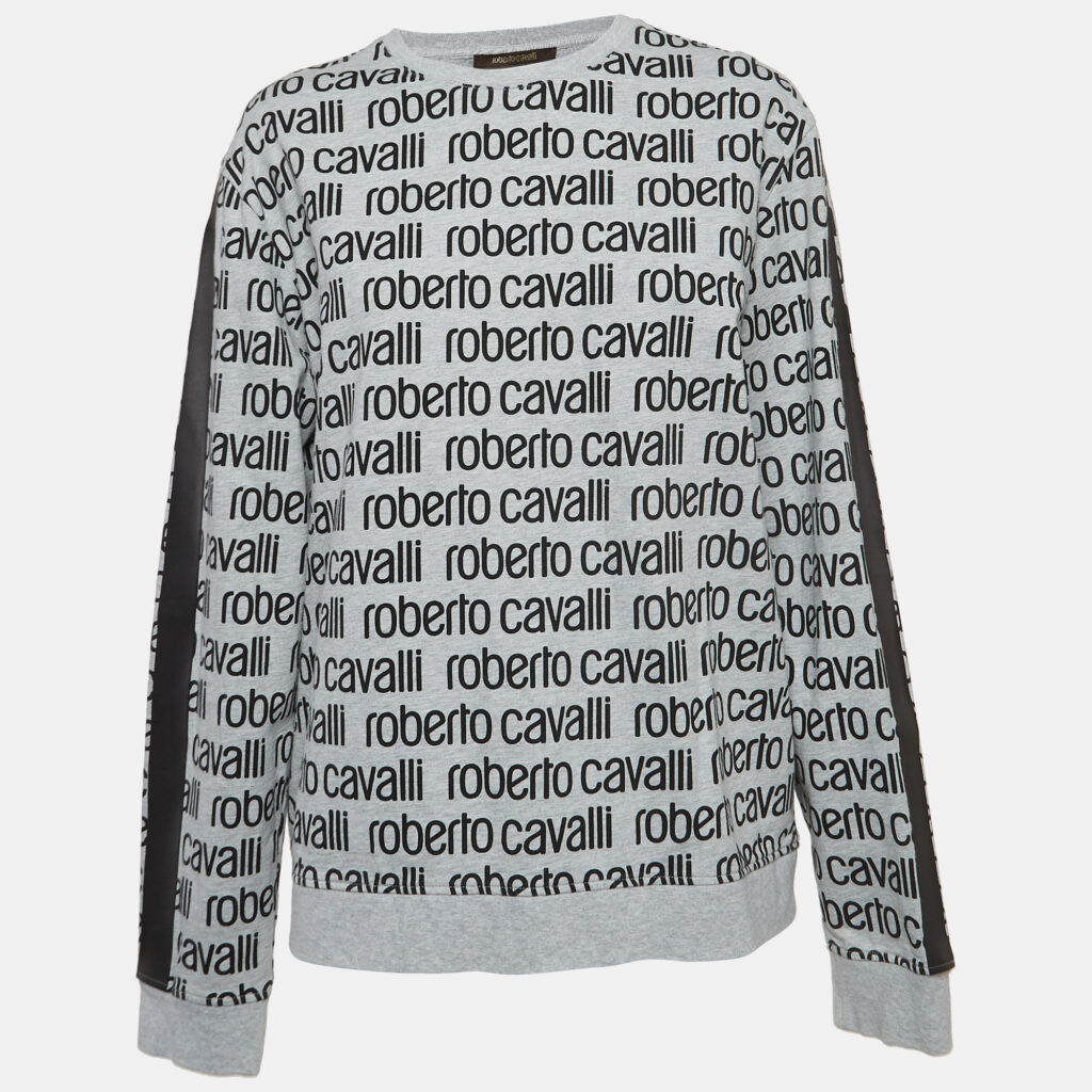 luxury-women-roberto-cavalli-used-clothes-p939374-003 Roberto Cavalli Grey Logo Print Cotton Crew Neck Sweatshirt L