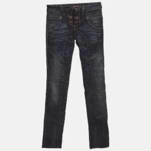 Roberto Cavalli Navy Blue Faded Denim Lace-Ip Detail Jeans S Waist 27''