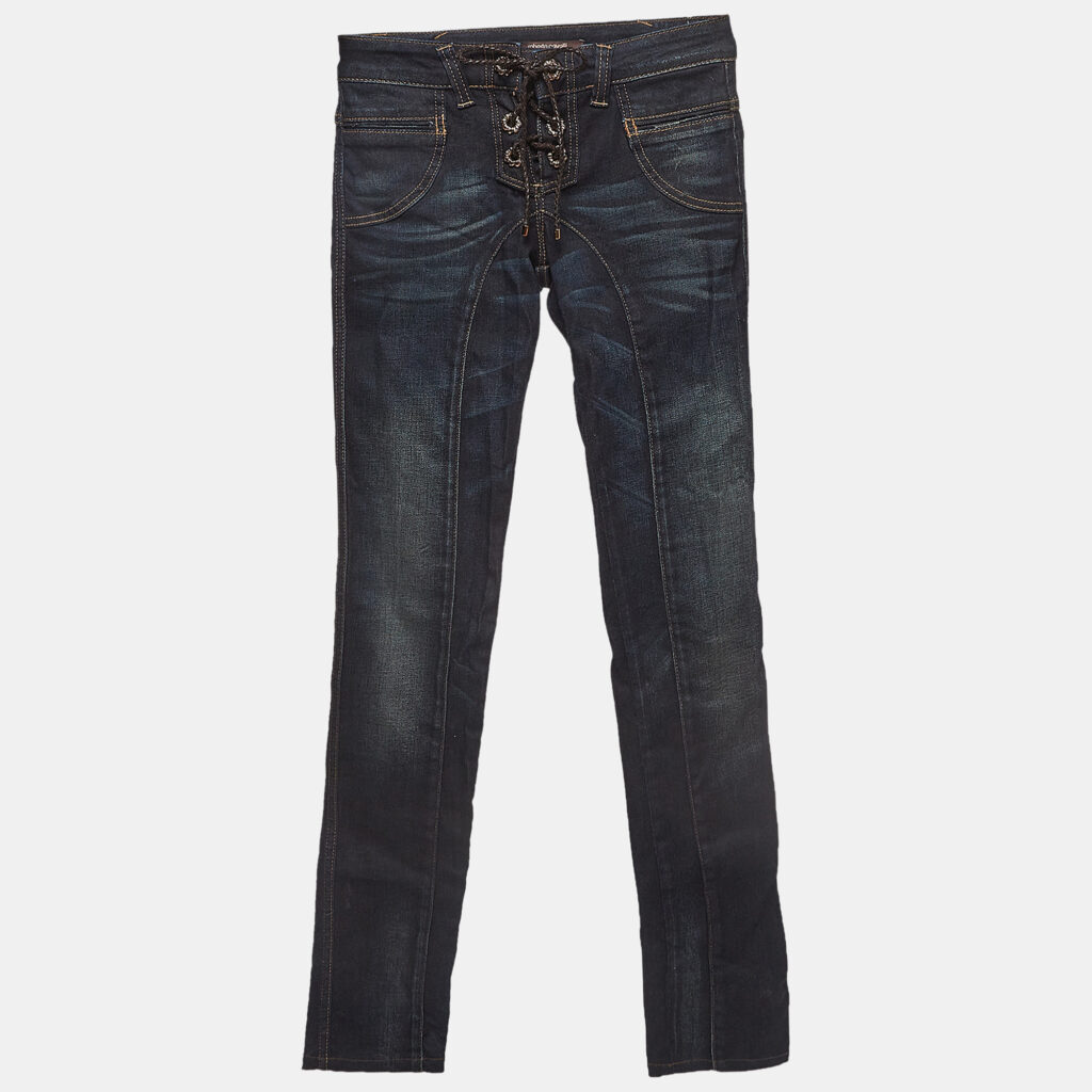 luxury-women-roberto-cavalli-used-clothes-p946957-003 Roberto Cavalli Navy Blue Faded Denim Lace-Ip Detail Jeans S Waist 27''