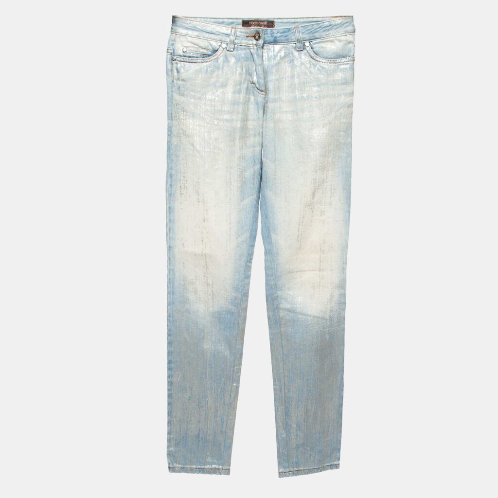 luxury-women-roberto-cavalli-used-clothes-p946960-004 Roberto Cavalli Blue/Silver Metallic Print Denim Jeans S Waist 30''