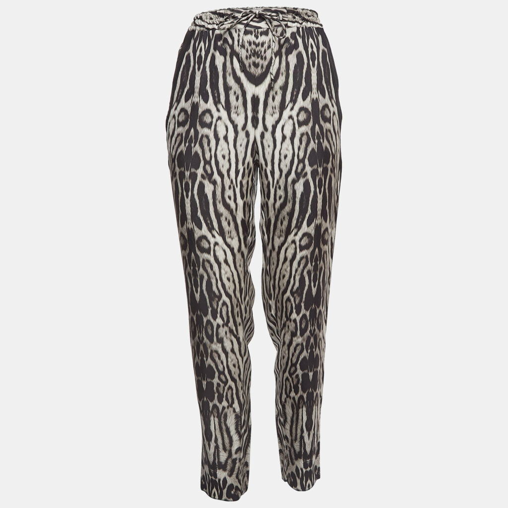 luxury-women-roberto-cavalli-used-clothes-p947259-005 Roberto Cavalli Black Leopard Print Silk Drawstring Waist Trousers M